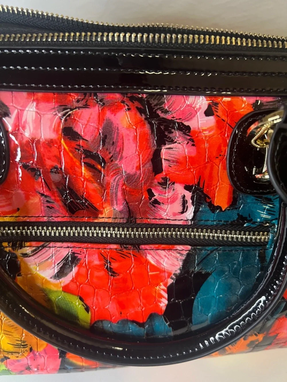 Feimina Genuine Leather embossed Floral Patent Satchel Handbag - Picture 7 of 16